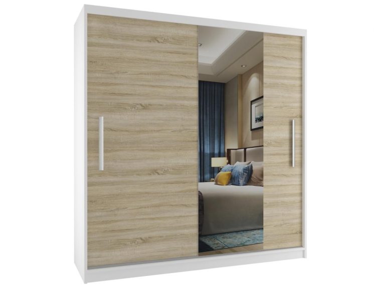 Kleiderschrank 158 cm Belini weiß matt / Eiche sonoma mit Schiebetüren und Spiegel Hersteller MSE SZP3/2/W/1DS1L/AL