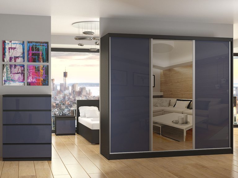 Kleiderschrank mit Schiebetüren 232 cm mit Spiegel grau stahlglanz Hersteller BM SZP4/2/B/WI/2S1L/HI