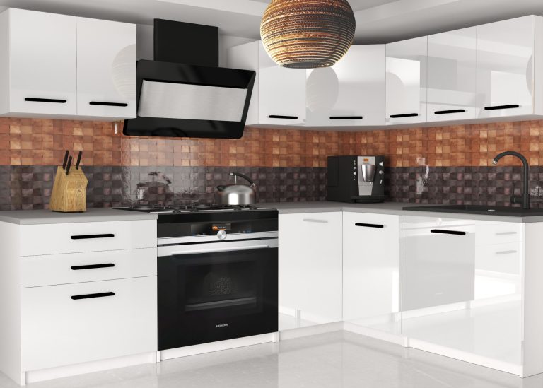 Eckküche Belini 300 cm weiß glänzend mit Arbeitsplatte Armin2 Hersteller  INF ARMIN2/3/WT/W/0/B1
