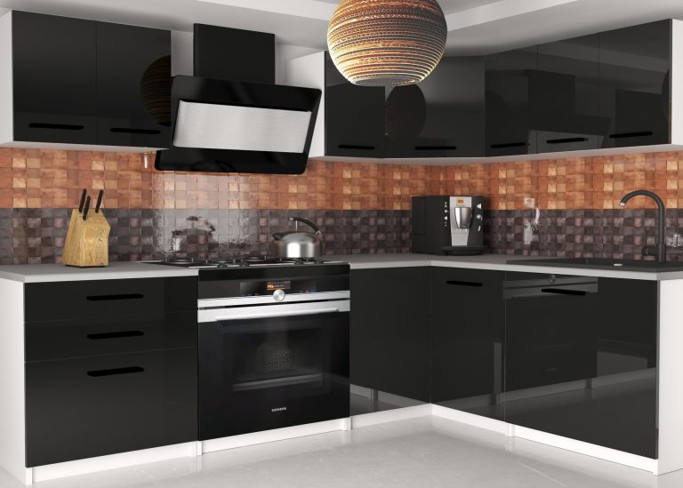 Eckküche Belini 300 cm schwarz glänzend mit Arbeitsplatte Armin2 Hersteller INF ARMIN2/3/WT/B/0/B1