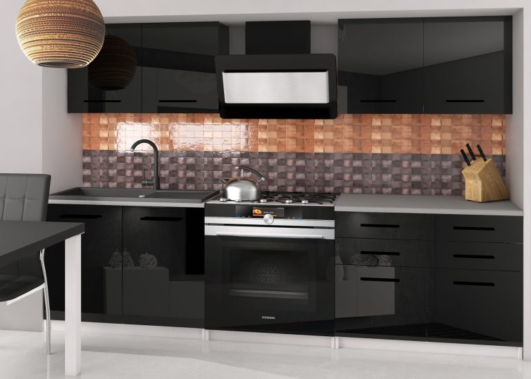 Küchenzeile Belini 160 cm schwarz glänzend mit Arbeitsplatte Kompakto2 Hersteller INF KOMPAKTO2/2/WT/B/0/B1