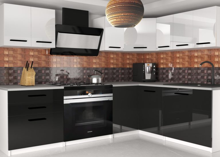 Eckküche Belini 300 cm weiß glänzend / schwarz glänzend ohne Arbeitsplatte Armin2 Hersteller INF ARMIN2/2/WT/WB/BB/B1