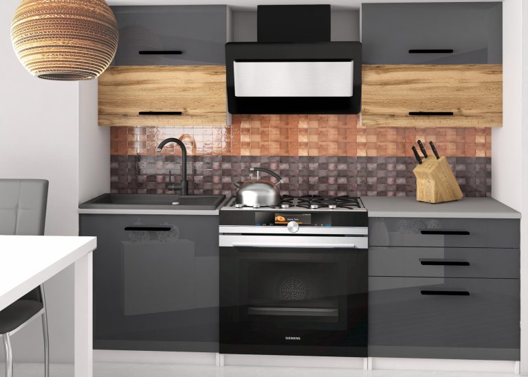 Küchenzeile Belini 120 cm grau glänzend / Eiche Wotan ohne Arbeitsplatte Eleganta2 Hersteller INF ELEGANTA2/2/WT/SDWS/BB/B1
