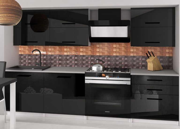 Küchenzeile Belini 180 cm weiß glänzend / schwarz glänzend mit Arbeitsplatte Primera2 Hersteller INF PRIMERA2/2/WT/B/0/B1