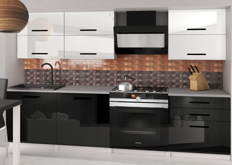 Küchenblock Belini 180 cm weiß glänzend / schwarz glänzend mit Arbeitsplatte Primera2 Hersteller INF PRIMERA2/3/WT/WB/0/B1