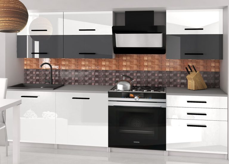 Küchenzeile Belini 180 cm weiß glänzend / grau glänzend mit Arbeitsplatte Primera2 Hersteller INF PRIMERA2/2/WT/WSW/0/B1