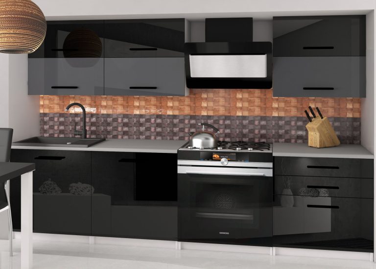 Küchenzeile Belini 180 cm schwarz glänzend / grau glänzend mit Arbeitsplatte Primera2 Hersteller INF PRIMERA2/2/WT/BSB/0/B1
