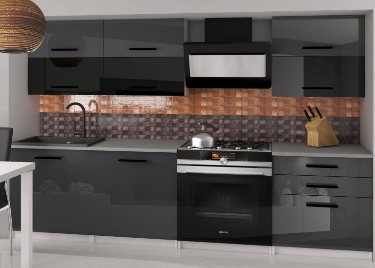 Küchenzeile Belini 180 cm grau glänzend / schwarz glänzend mit Arbeitsplatte Primera2 Hersteller INF PRIMERA2/2/WT/SBS/0/B1
