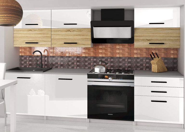 Küchenzeile Belini 180 cm weiß glänzend / Eiche sonoma mit Arbeitsplatte Primera2 Hersteller INF PRIMERA2/2/WT/WDSW/0/B1
