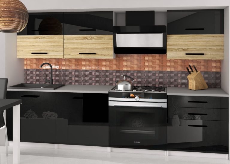 Küchenzeile Belini 180 cm schwarz glänzend / Eiche sonoma mit Arbeitsplatte Primera2 Hersteller INF PRIMERA2/2/WT/BDSB/0/B1