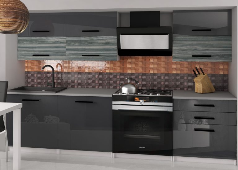 Küchenlinie Belini 180 cm grau glänzend / grau anthrazit Glamour Wood mit Arbeitsplatte Primera2 Hersteller INF PRIMERA2/2/WT/SGW1S/0/B1