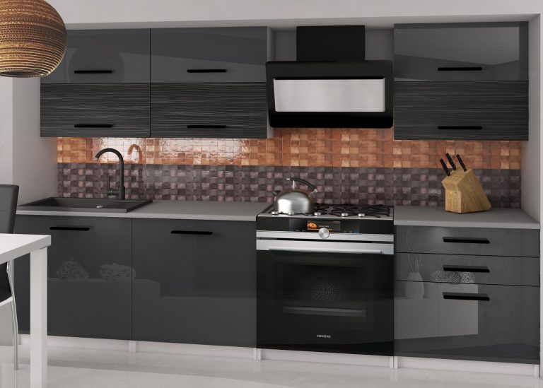 Küchenzeile Belini 180 cm Glanzgrau / königliches Ebenholz mit Arbeitsplatte Primera2 Hersteller INF PRIMERA2/2/WT/SHKS/0/B1