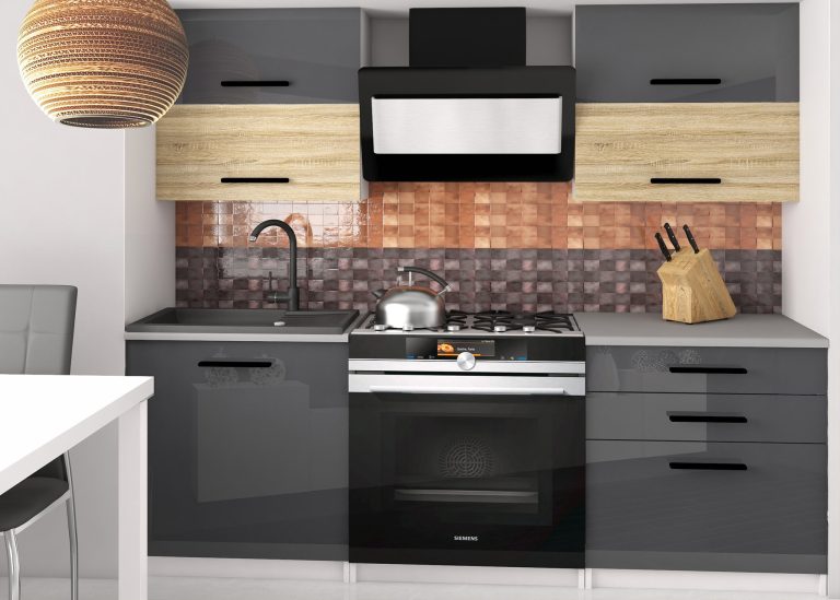 Küchenzeile Belini 120 cm grau glänzend / Eiche Sonoma ohne Arbeitsplatte Eleganta2 Hersteller INF ELEGANTA2/2/WT/SDSS/BB/B1