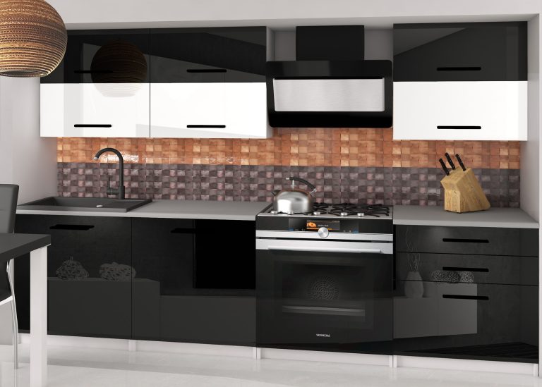 Küchenzeile Belini 180 cm schwarz glänzend / weiß glänzend mit Arbeitsplatte Primera2 Hersteller INF PRIMERA2/2/WT/BWB/0/B1