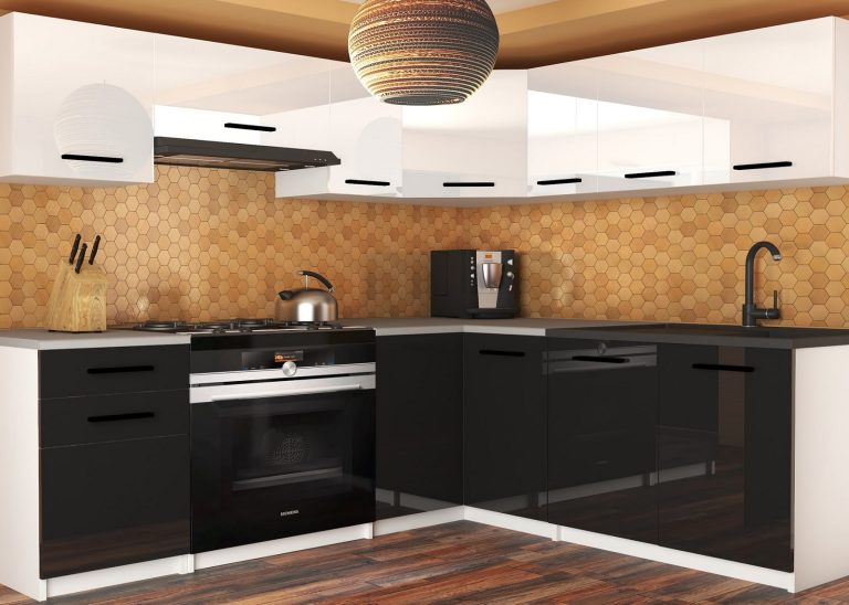 Eckküche Belini 360 cm weiß glänzend / schwarz glänzend mit Arbeitsplatte Lidiauniqa2 Hersteller INF LIDIAUNIQA2/4/WT/WB/0/B1