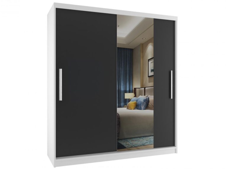 Kleiderschrank 133 cm Belini weiß matt / schwarz matt mit Schiebetüren und Spiegel Hersteller MSE SZP2/2/W/1B1L/AL
