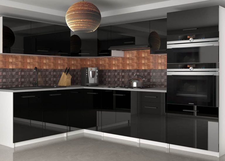 Eckküche Belini 420 cm schwarz glänzend mit Arbeitsplatte Uniqagrande Hersteller INF UNIQAGRANDE/5/WT/B/0/B1