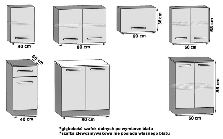 Küchenzeile Belini 240 cm grau glänzend mit Arbeitsplatte Uniqa2 Hersteller INF UNIQA2/5/WT/S/0/B1