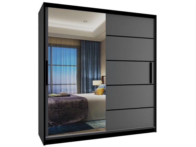 Kleiderschrank 158 cm Belini schwarz matt / grau matt mit Schiebetüren und Spiegel Hersteller MZ SZP3/1/B/SR/0/BL