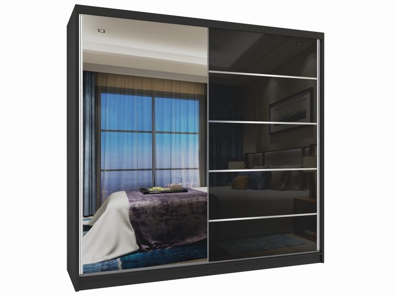 Kleiderschrank mit Schiebetüren 200 cm mit Spiegel schwarz glänzend Hersteller MG SZP1/2/B/1L5B/HI
