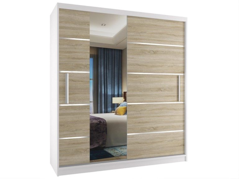 Kleiderschrank 133 cm Belini weiß matt / Eiche sonoma mit Schiebetüren und Spiegel Hersteller MBP SZP2/2/W/DS/0/AL