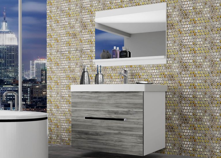 Badezimmermöbel Belini grau anthrazit Glamour Wood + Waschbecken + Spiegel Hersteller ROD M 1/0/W/GW1/0/ZW