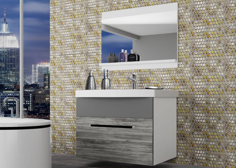 Badezimmermöbel Belini grau anthrazit Glamour Wood / grau matt + Waschbecken + Spiegel Hersteller ROD M 1/0/W/GW1SR/0/ZW