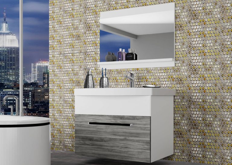 Badezimmermöbel Belini grau anthrazit Glamour Wood / weiß matt + Waschbecken + Spiegel Hersteller ROD M 1/0/W/GW1W/0/ZW