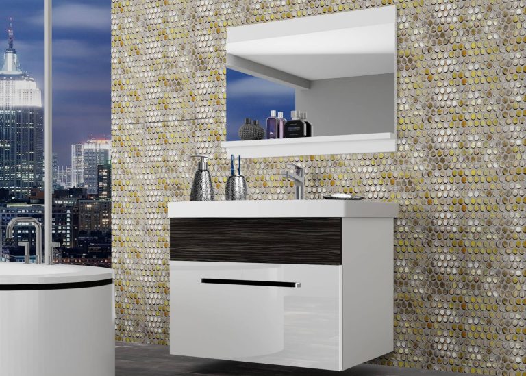 Badezimmermöbel Belini weiß glänzend / königliches Ebenholz + Waschbecken + Spiegel Hersteller ROD PM 1/0/W/WHK/0/ZW