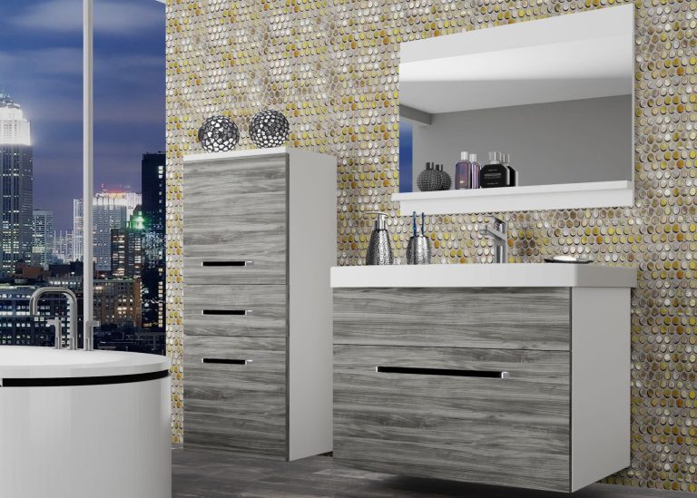 Badezimmermöbel Belini grau anthrazit Glamour Wood + Waschbecken + Spiegel Hersteller ROD M 2/0/W/GW1/0/ZW