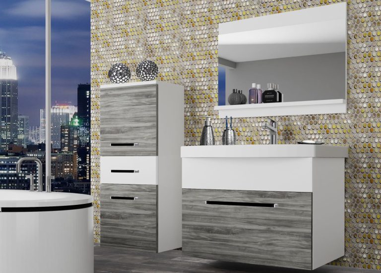 Badezimmermöbel Belini grau anthrazit Glamour Wood / weiß matt + Waschbecken + Spiegel Hersteller ROD M 2/0/W/GW1W/0/ZW