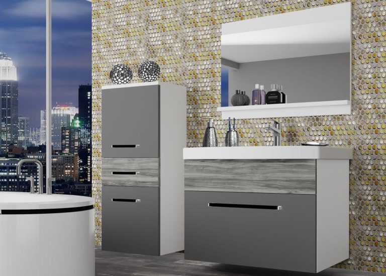 Badezimmermöbel Belini grau matt / grau anthrazit Glamour Wood + Waschbecken + Spiegel Hersteller ROD M 2/0/W/SRGW1/0/ZW
