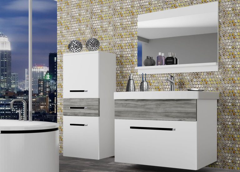 Badezimmermöbel Belini grau anthrazit Glamour Wood / weiß matt + Waschbecken + Spiegel Hersteller ROD M 2/0/W/WGW1/0/ZW