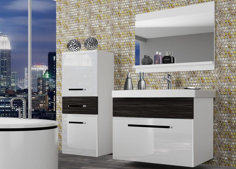 Badezimmermöbel Belini weiß glänzend / königliches Ebenholz + Waschbecken + Spiegel Hersteller ROD PM 2/0/W/WHK/0/ZW