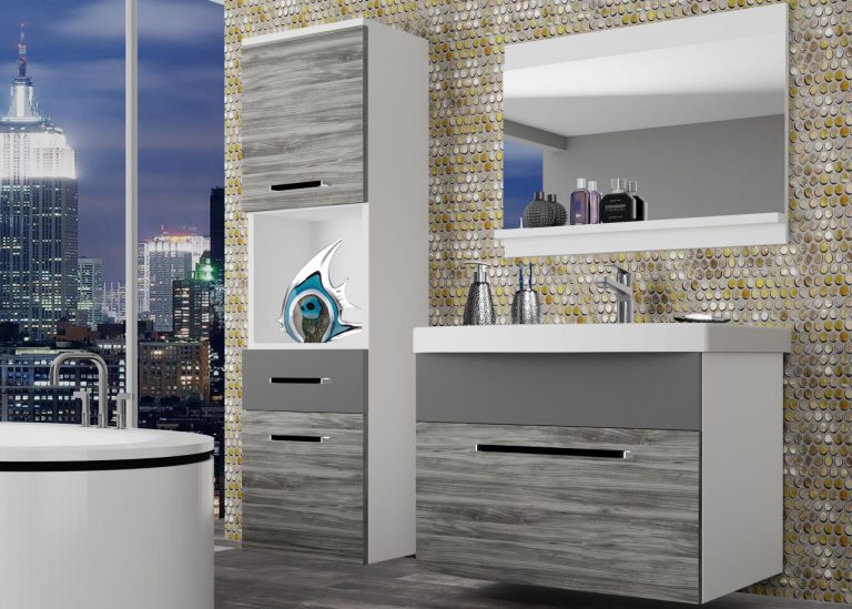 Badezimmermöbel Belini grau anthrazit Glamour Wood / grau matt + Waschbecken + Spiegel Hersteller ROD M 3/0/W/GW1SR/0/ZW