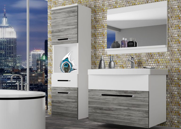 Badezimmermöbel Belini grau anthrazit Glamour Wood / weiß matt + Waschbecken + Spiegel Hersteller ROD M 3/0/W/GW1W/0/ZW