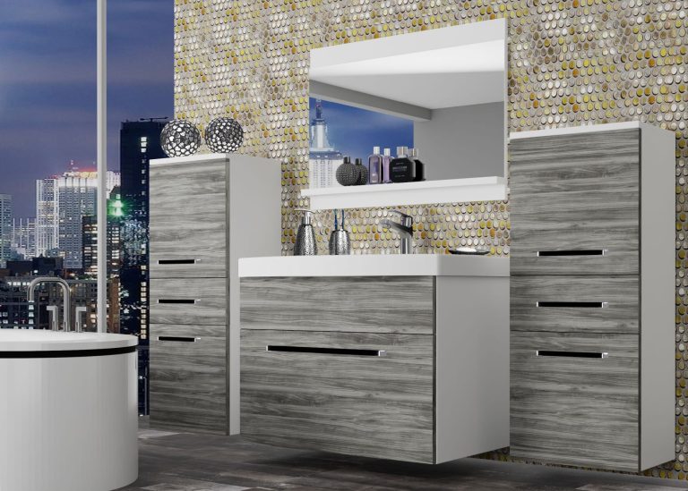 Badezimmermöbel Belini grau anthrazit Glamour Wood + Waschbecken + Spiegel Hersteller ROD M 4/0/W/GW1/0/ZW