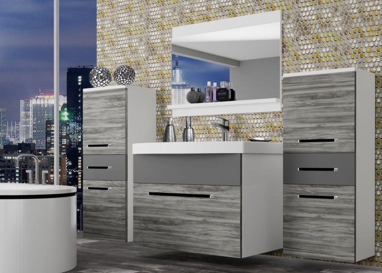 Badezimmermöbel Belini grau anthrazit Glamour Wood / grau matt + Waschbecken + Spiegel Hersteller ROD M 4/0/W/GW1SR/0/ZW