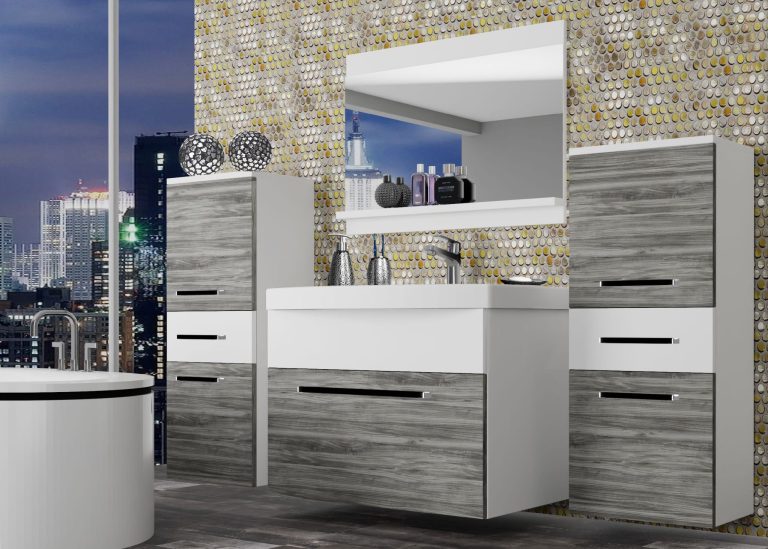 Badezimmermöbel Belini grau anthrazit Glamour Wood / weiß matt + Waschbecken + Spiegel Hersteller ROD M 4/0/W/GW1W/0/ZW