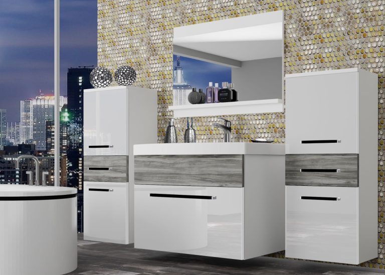 Badezimmermöbel Belini weiß glänzend / grau anthrazit Glamour Wood + Waschbecken + Spiegel Hersteller ROD PM 4/0/W/WGW1/0/ZW