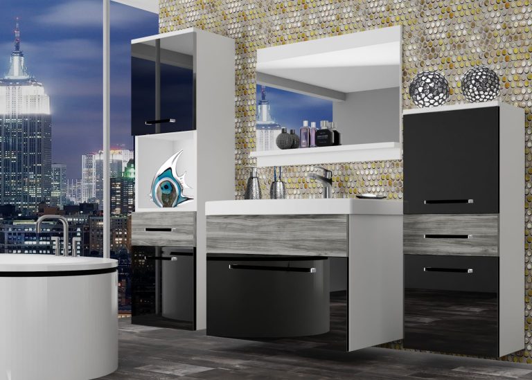 Belini Badmöbel Schwarz Glanz / Grau Anthrazit Glamour Wood + Waschbecken + Spiegel Hersteller ROD PM 5/0/W/BGW1/0/ZW