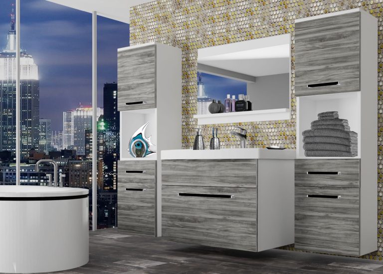Badezimmermöbel Belini grau anthrazit Glamour Wood + Waschbecken + Spiegel Hersteller ROD M 6/0/W/GW1/0/ZW