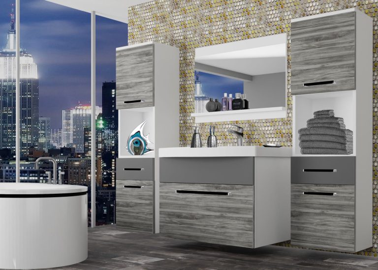 Badezimmermöbel Belini grau anthrazit Glamour Wood / grau matt + Waschbecken + Spiegel Hersteller ROD M 6/0/W/GW1SR/0/ZW