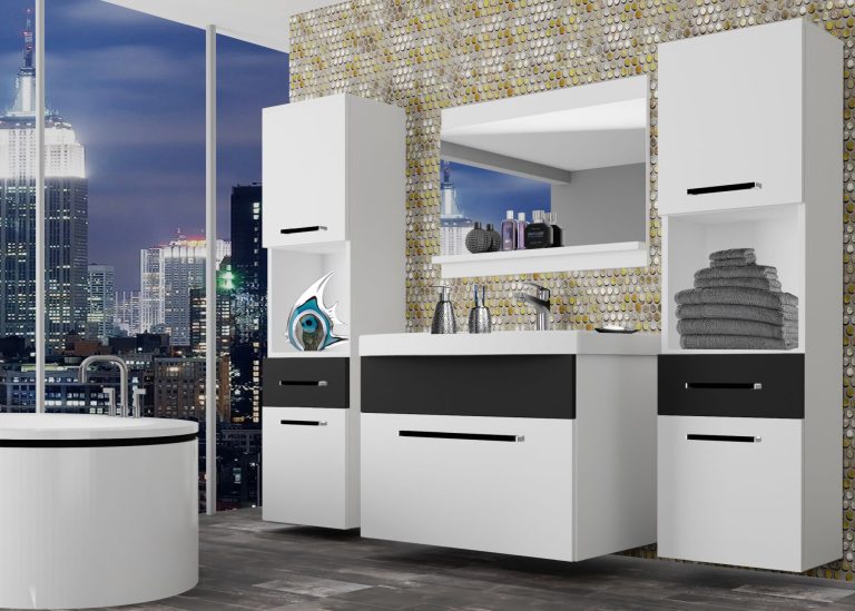 Belini Badezimmermöbel weiß matt / schwarz matt + Waschbecken + Spiegel Hersteller ROD M 6/0/W/WB/0/ZW