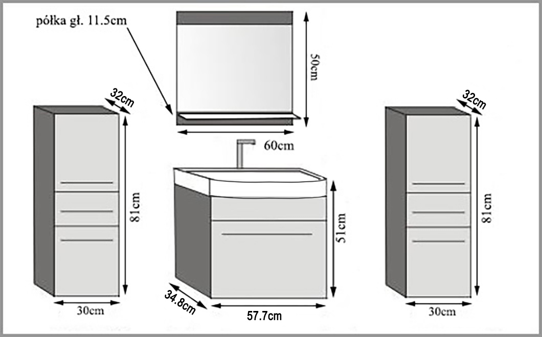 Badezimmermöbel Belini grau anthrazit Glamour Wood / grau matt + Waschbecken + Spiegel Hersteller ROD M 4/0/W/GW1SR/0/ZW