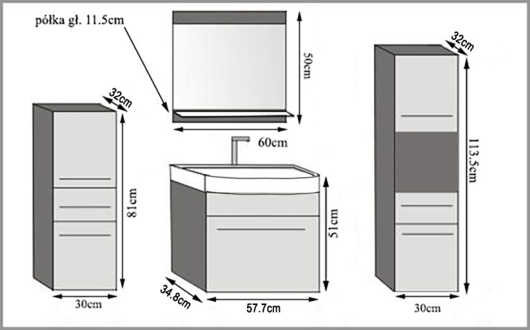 Badezimmermöbel Belini grau glänzend + Waschbecken + Spiegel Hersteller ROD P 5/0/W/S/0/ZW
