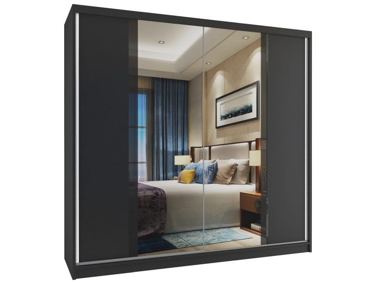 Kleiderschrank 200 cm Belini schwarz matt mit Schiebetüren und Spiegel Hersteller MV SZP1/1/B/B/B/HI