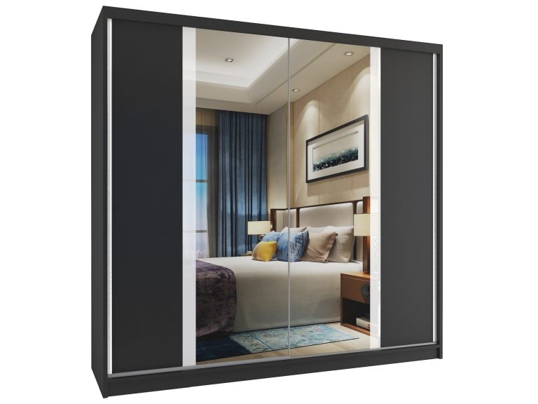 Kleiderschrank 200 cm Belini schwarz matt mit Schiebetüren und Spiegel Hersteller MV SZP1/2/B/B/W/HI