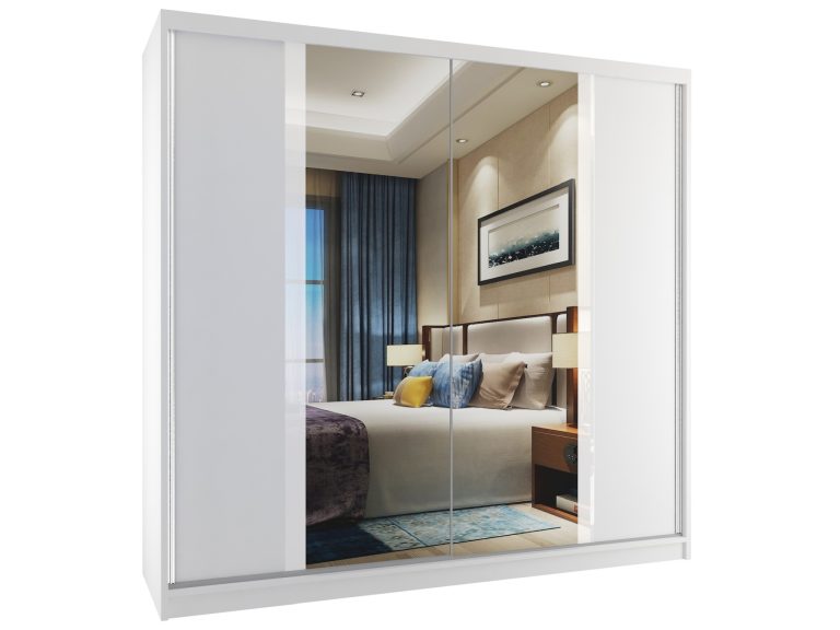Schiebeschrank 200 cm mit Spiegel weiß matt Hersteller