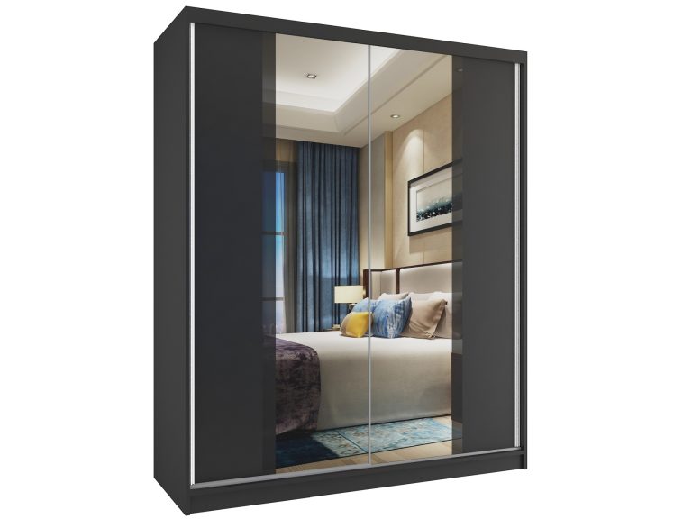 Kleiderschrank 133 cm Belini schwarz matt mit Schiebetüren und Spiegel Hersteller MV SZP2/2/B/B/B/HI
